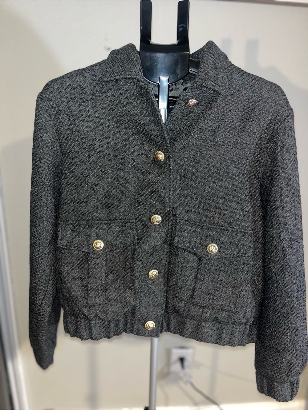 Vero Moda Charcoal Textured Button-Front Blazer with Gold Buttons